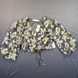 ASTR the Label AT17045 Womens S Grey Yellow Floral Puff Sleeve Crop Top Brunch‎